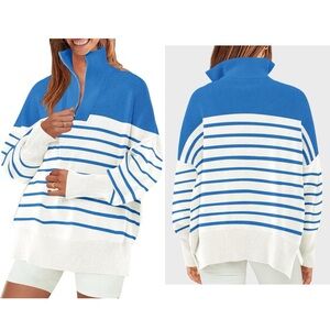 Striped Sweaters Half Zipper Long Sleeve Ribbed Knit Loose Oversized Pullover M‎